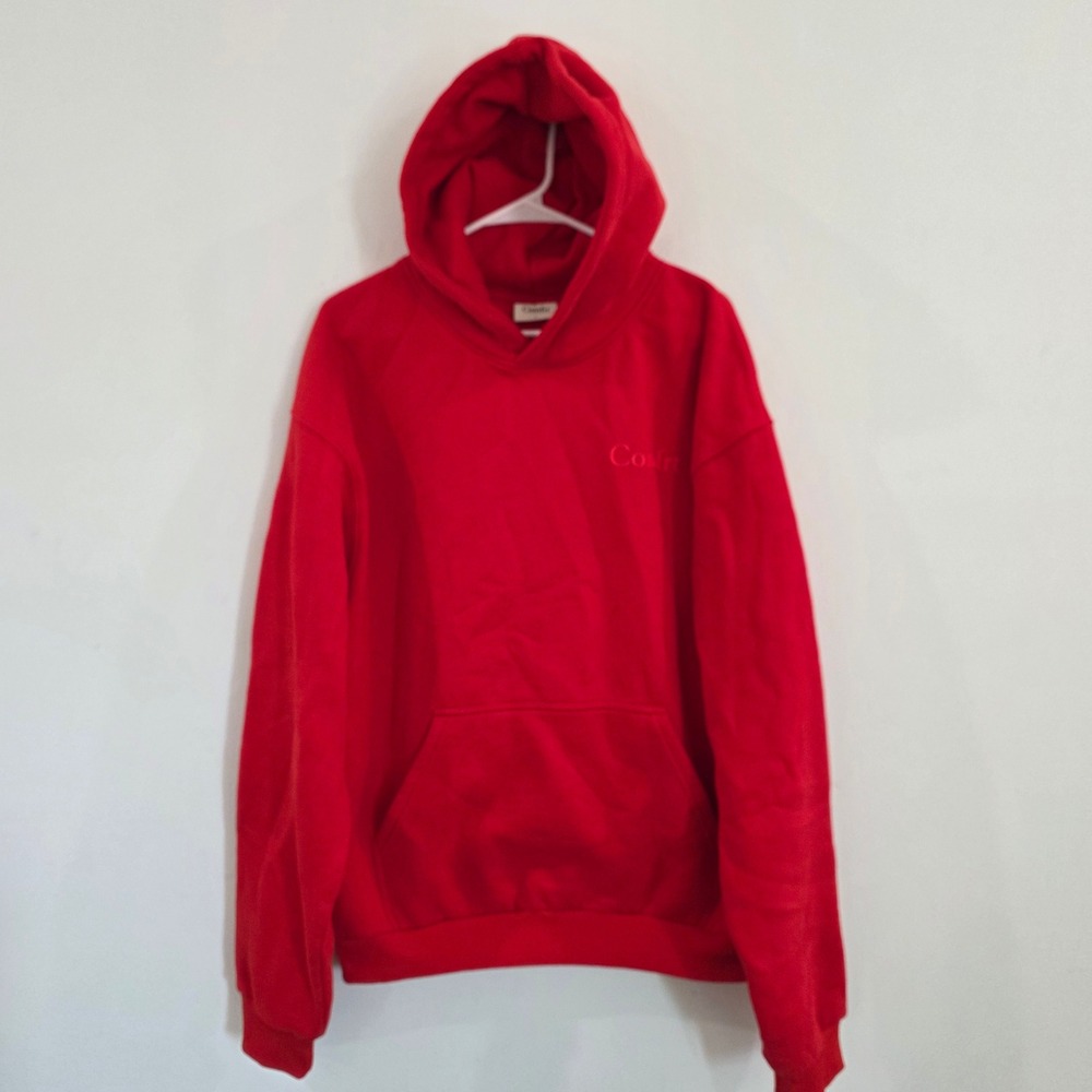 Comfrt Mens Hoodie Size Large Red Logo Fleece Pullover Sweatshirt Soft Lounge